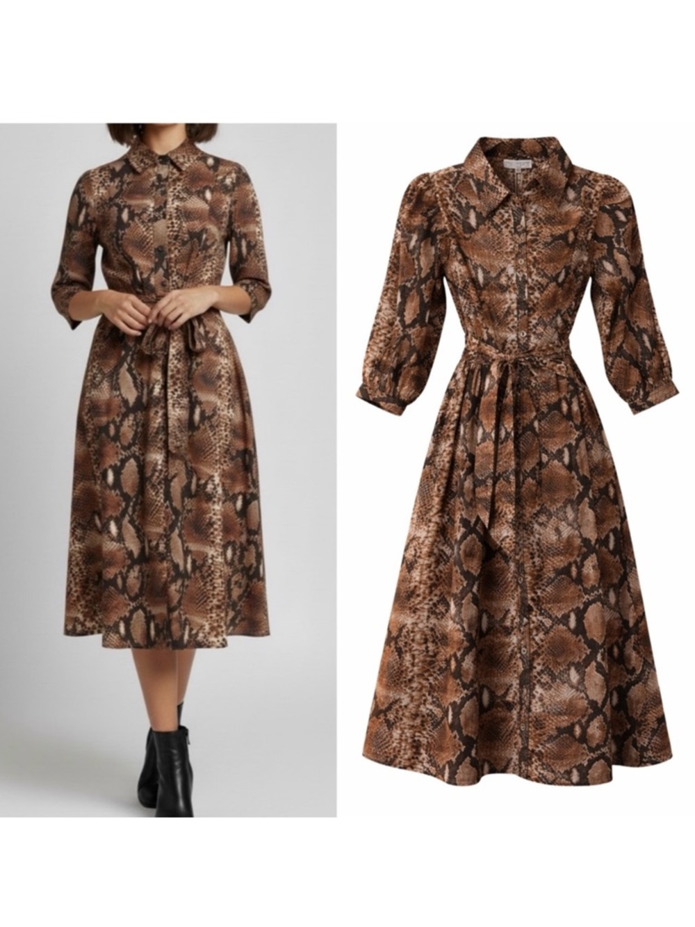 CAROLINE CONSTAS Python Print Brown Button Down Shirt Midi Dress Size L NEW